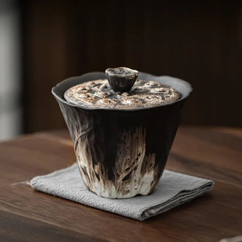 Ceramic Tea Gaiwan - handmade embossed lotus lidded bowl in Wabi Sabi style