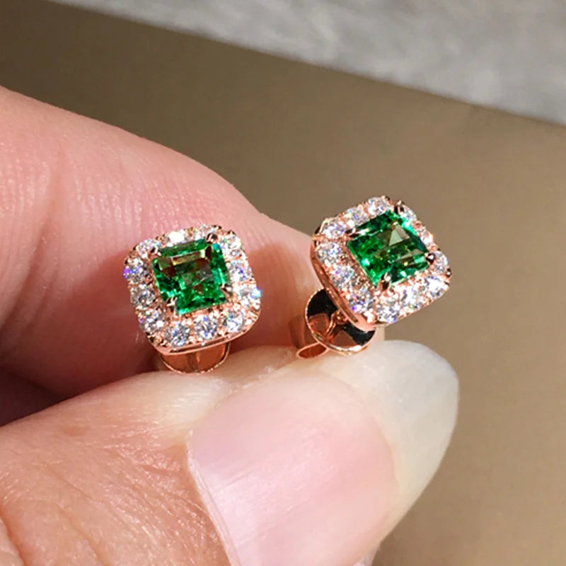 Luxury Green CZ Stud Earrings - Gold Elegant Bride Wedding Jewelry