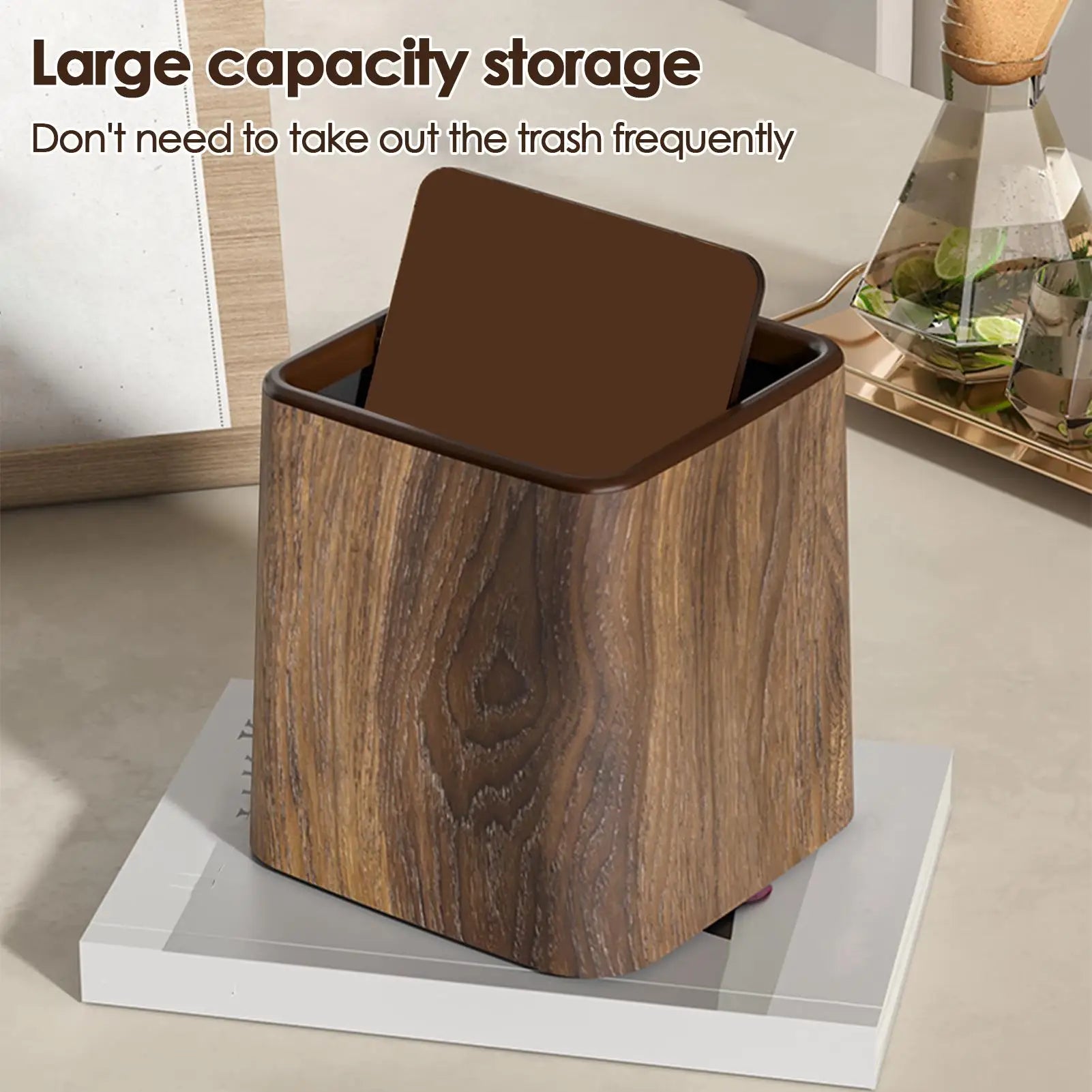 Elegant Small Desk Trash Can - Retro Wood Grain Design