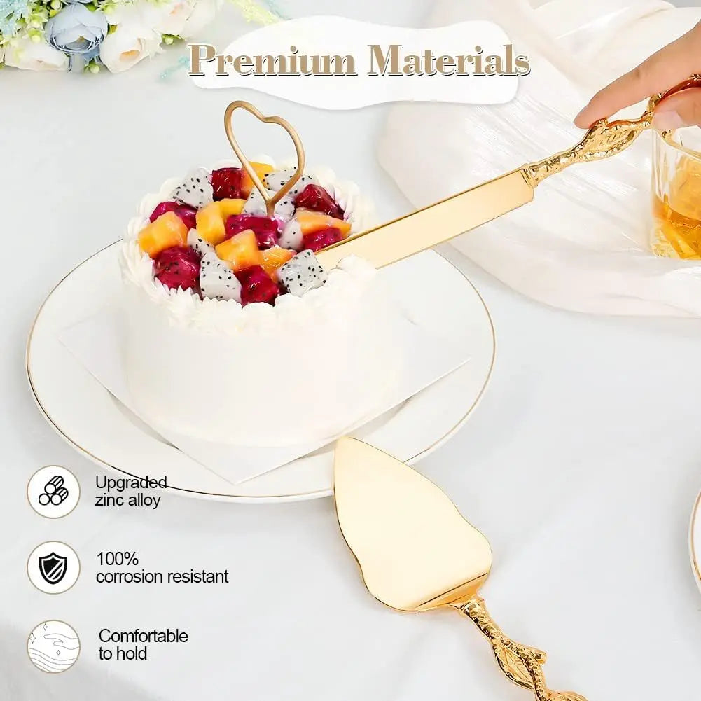 Elegant Rose Handle Luxury Cake Serving Set - 2pcs Golden