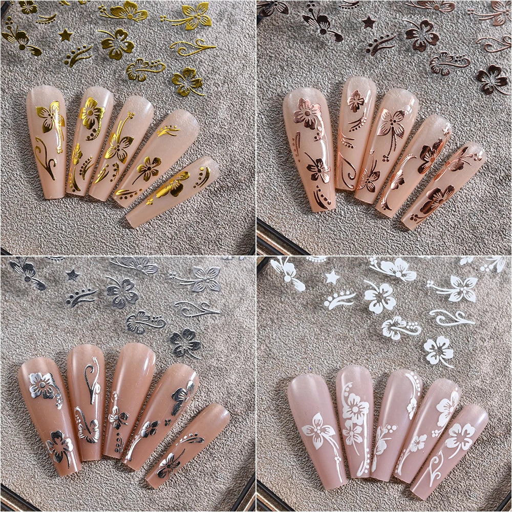 Luxury Bronzing Hibiscus Nail Stickers - Gold & Silver Floral Decals