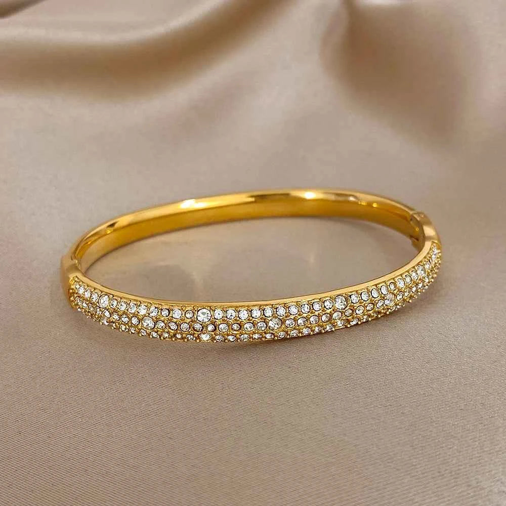 Luxury Zircon Cuff Bracelet - Waterproof Gold & Silver Stainless Steel