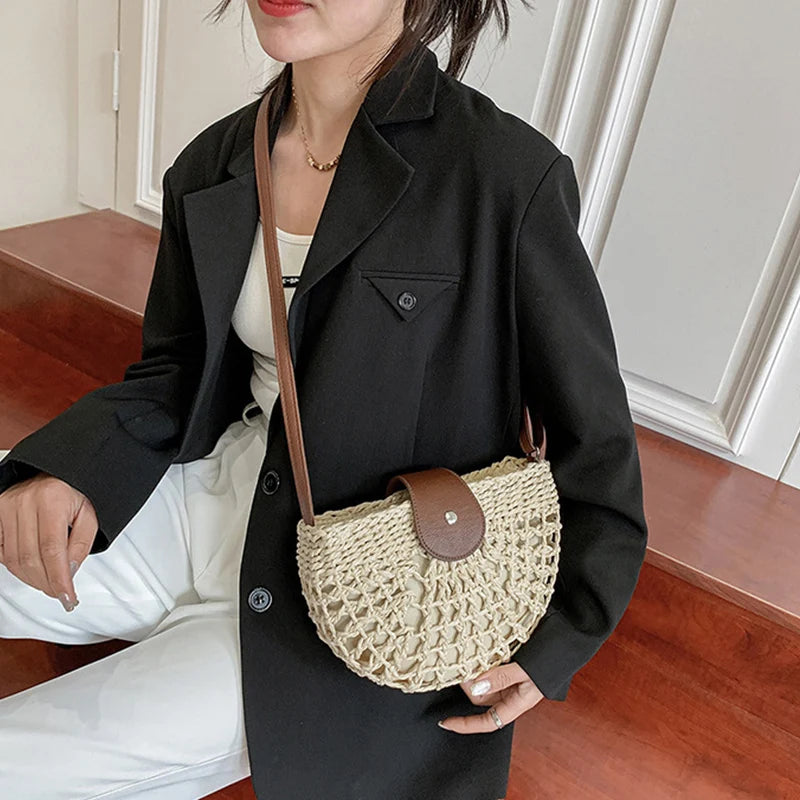 Elegant Straw Semicircle Bag - Chic Summer Crossbody