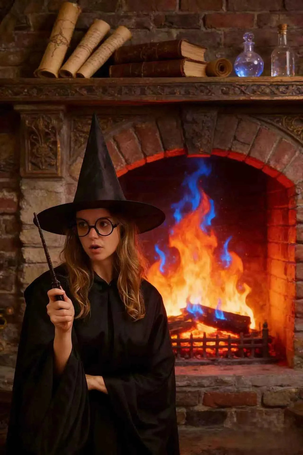 Wizard Costume Accessory Set - Black Witch Hat & Wand