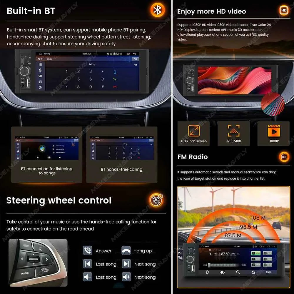 Universal Wireless CarPlay Stereo - 6.86 Inch HD Touch Screen