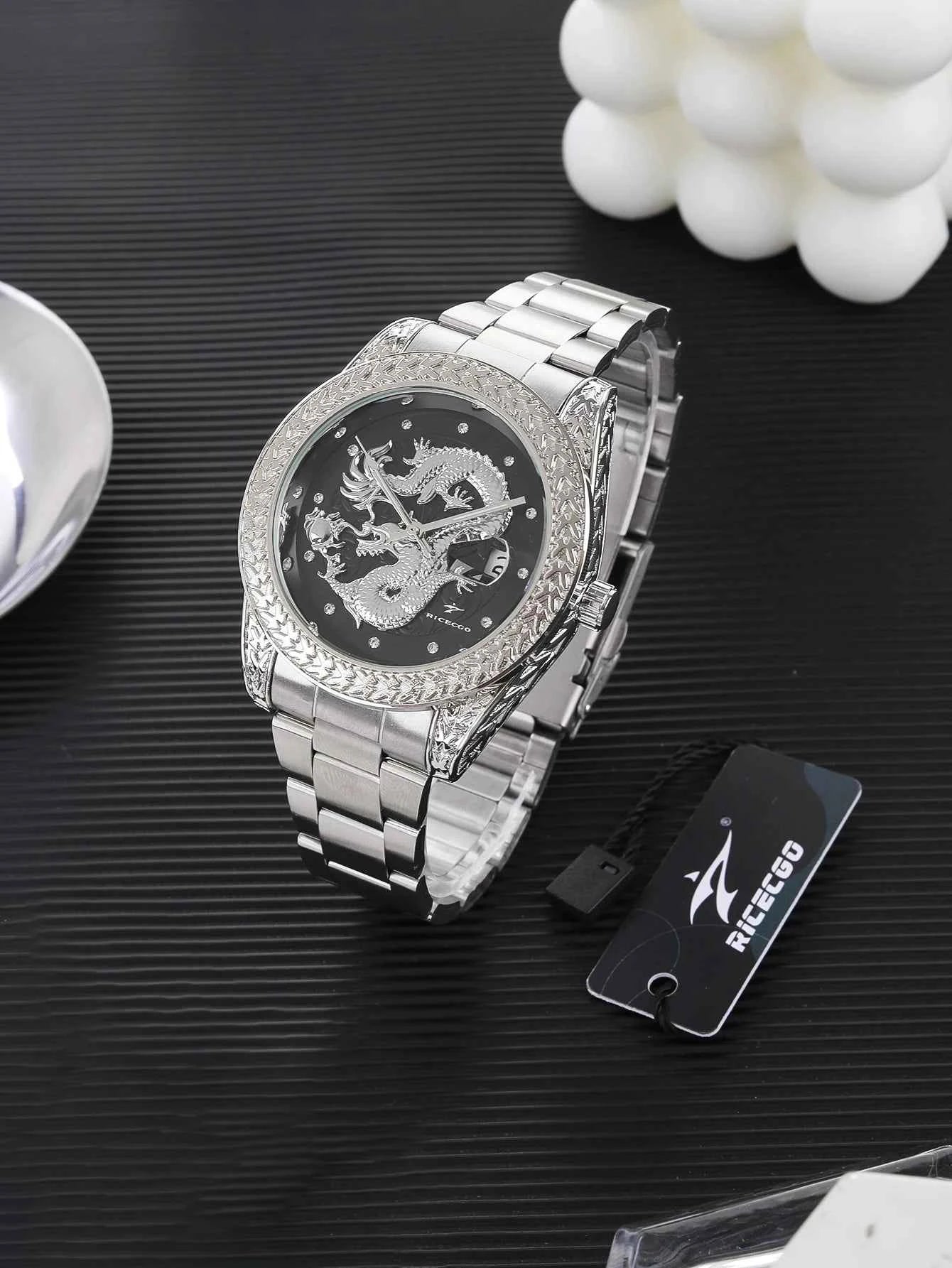 Ricecgo 1Pc Men's Classic Quartz Watch - Business Style, Round Dial, Rhinestone Scale, Calendar Display, Stainless Steel Strap, Quartz Movement, Ideal Gift for Daily Wearing, Birthday or Special Occasion, Father's Day