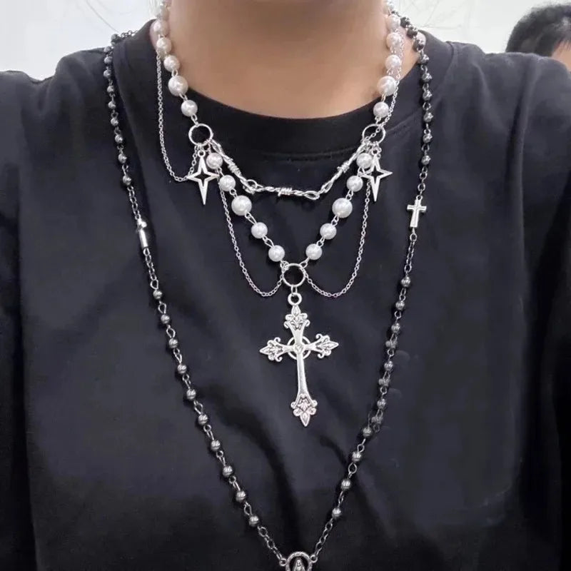 Elegant Baroque Pearl Choker - Multi Layer Cross Necklace