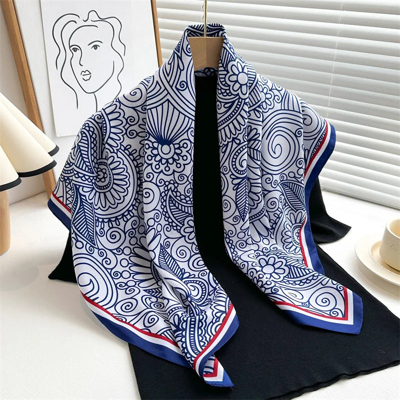 Luxury Square Silk Scarf - Elegant Tree Print Neck Shawl