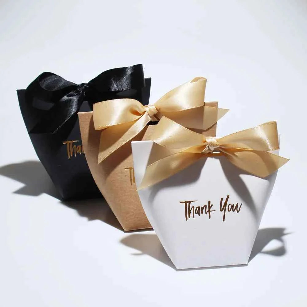 Chic Candy Gift Boxes - Black, white, and coffee boxes with gold 'Thank You' text and ribbon