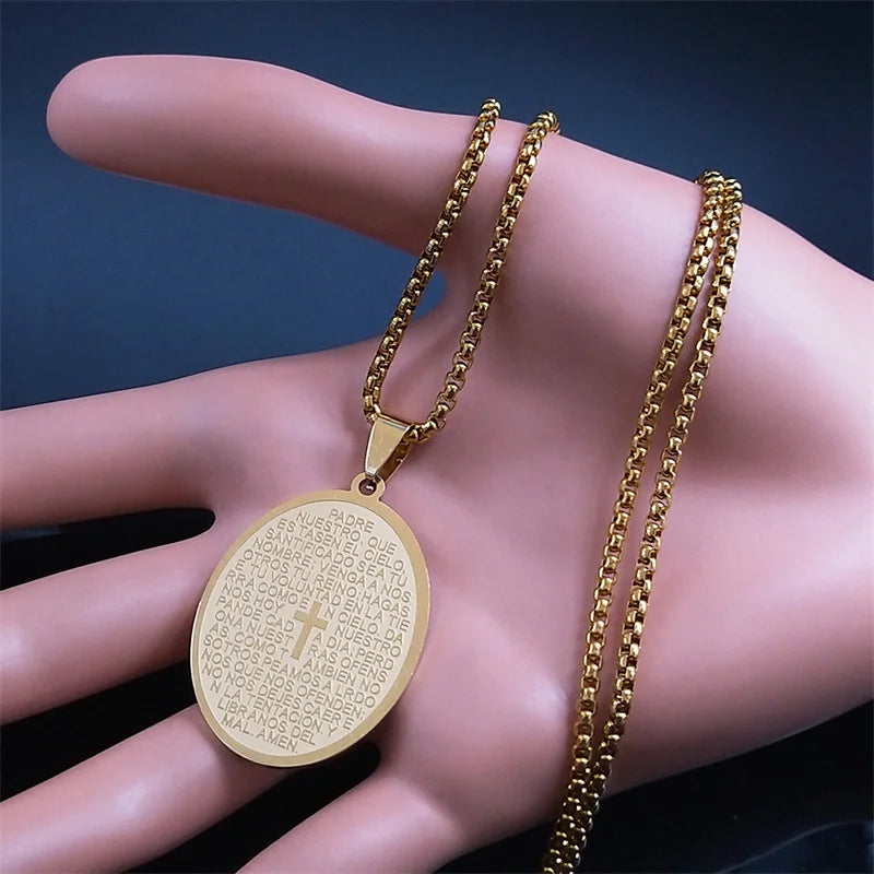 Elegant Bible Verse Cross Necklace - Spanish Lord's Prayer