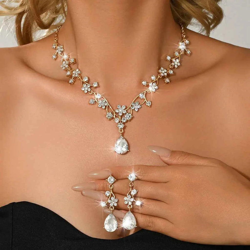Elegant Floral Rhinestone Bridal Jewelry Set - Necklace & Earrings