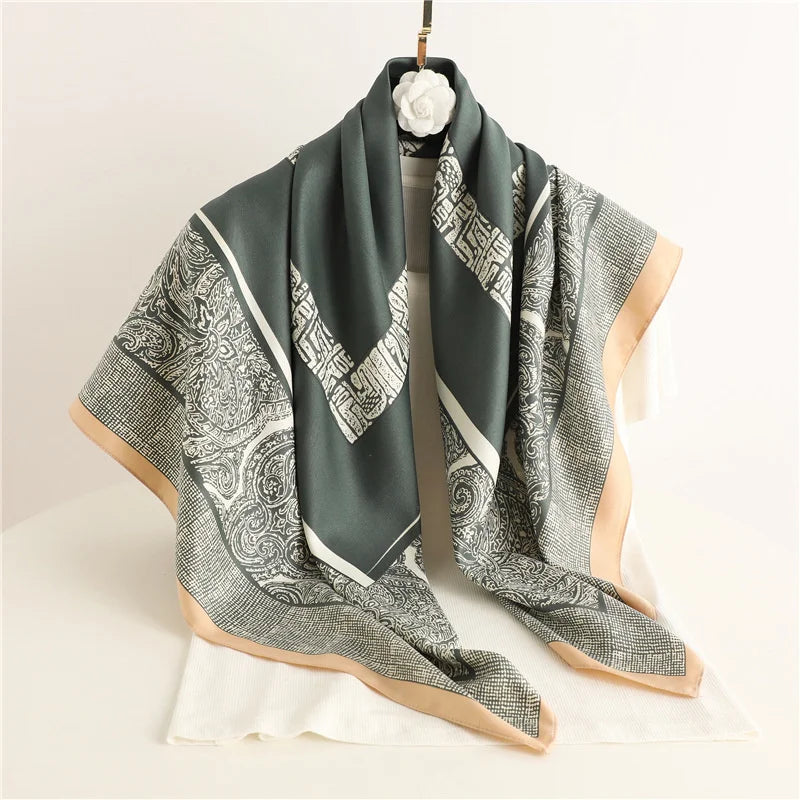 Luxury Square Silk Scarf - Elegant Tree Print Neck Shawl