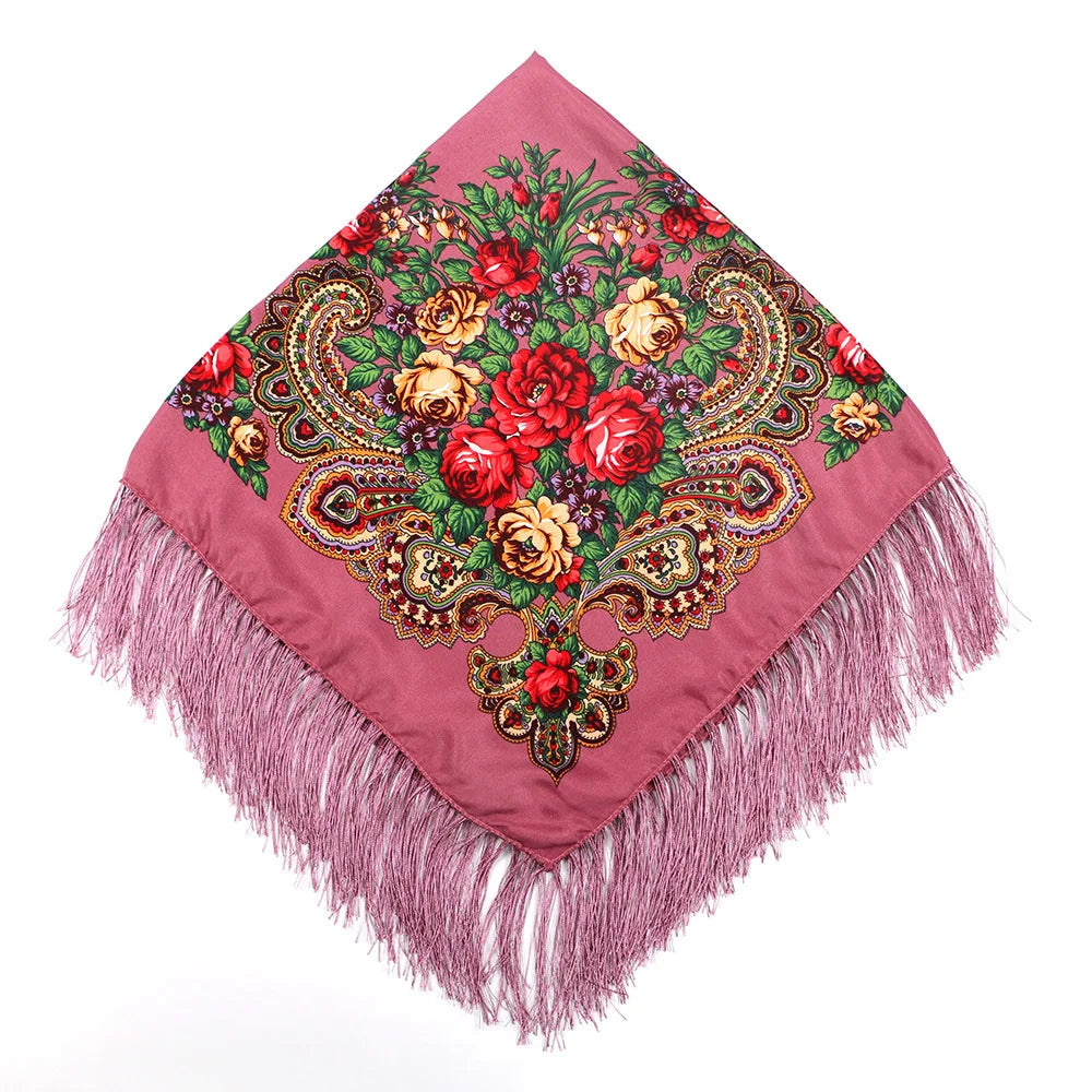 Luxury Floral Russian Scarf - Fringed Square Babushka Shawl