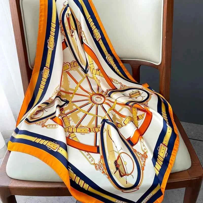 Luxury Chain Print Silk Square Scarf - Soft Satin Neckerchief
