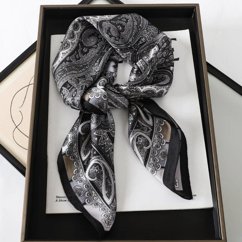 Elegant Bohemian Silk Square Scarf - Floral Satin Neck Scarf