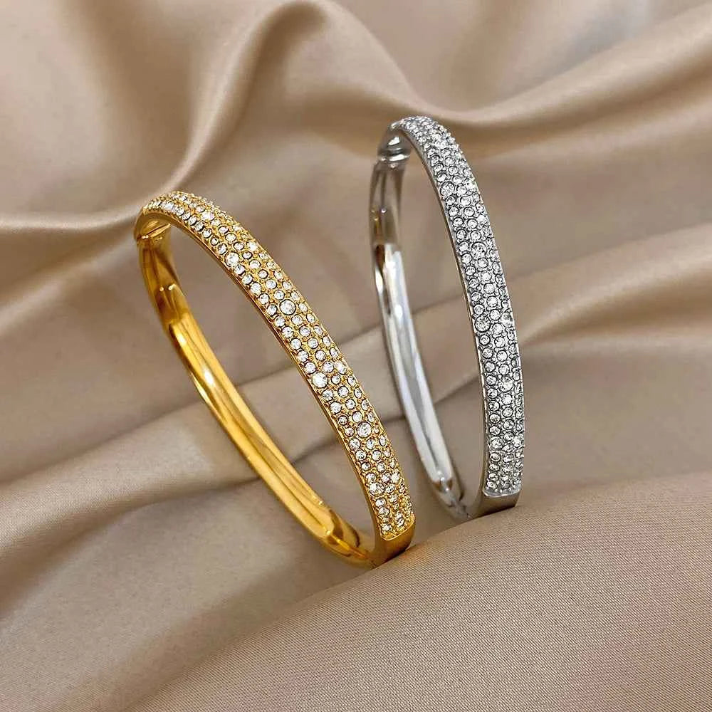 Luxury Zircon Cuff Bracelet - Waterproof Gold & Silver Stainless Steel
