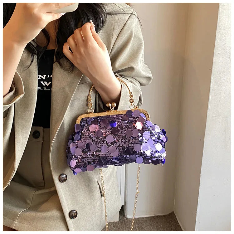 Elegant Sequins Evening Clutch Bag - Bling Chain Strap