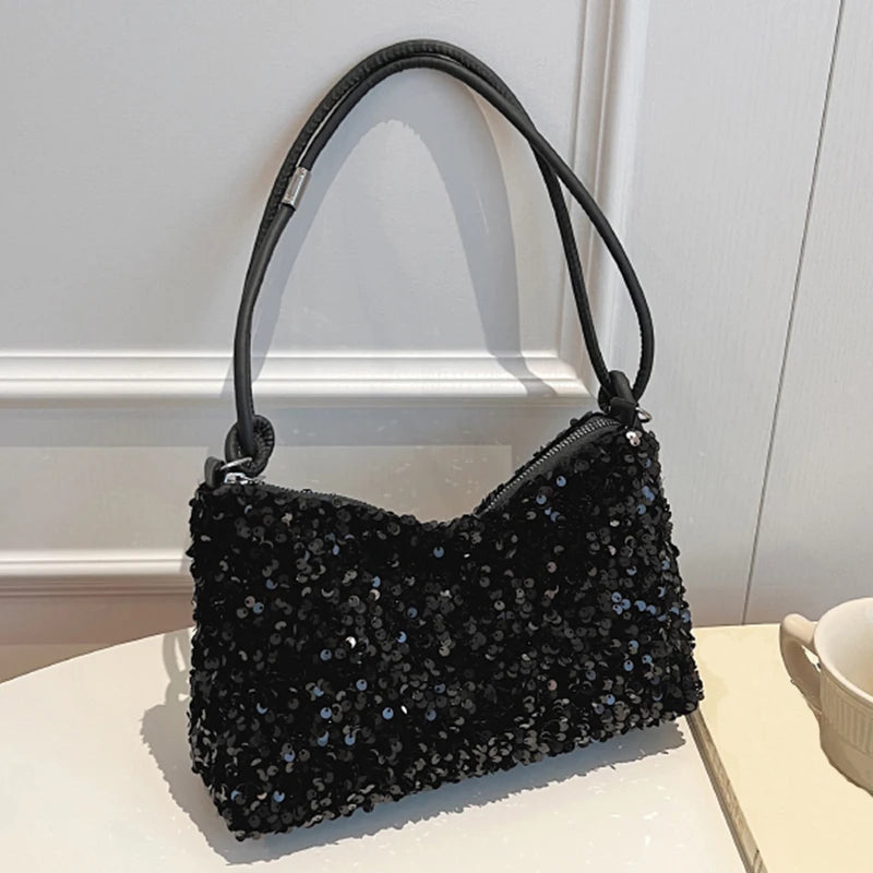 Elegant Sequin Shoulder Bag - Black/Silver Party & Evening