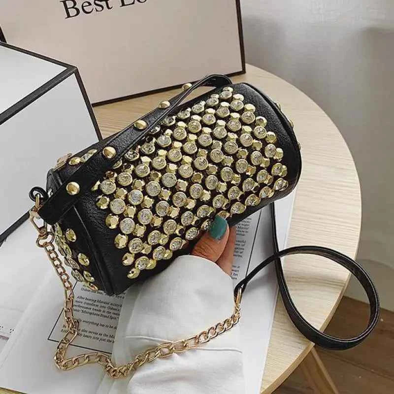 Elegant Cylindrical Shoulder Bag - Luxury Studded Design
