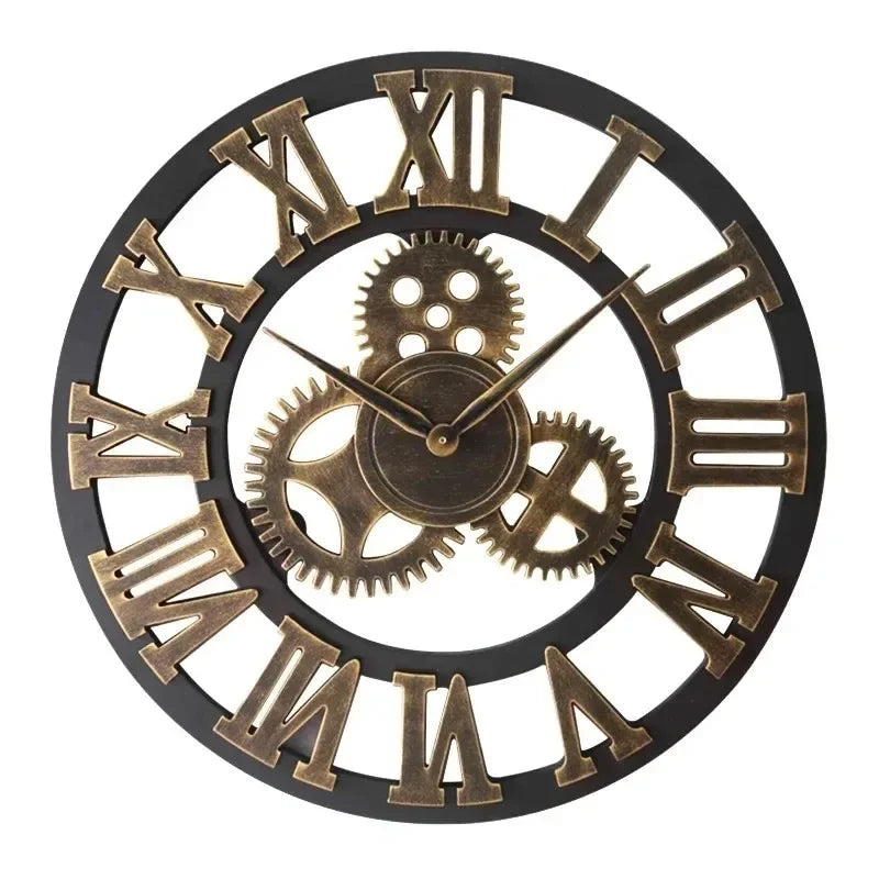 Industrial Gear Wall Clock - gold moving metal gears on a rustic background