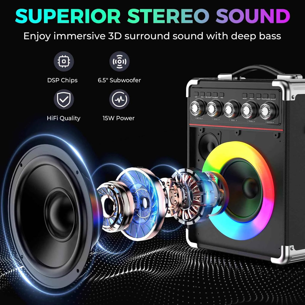 Portable Bluetooth Speaker with 2 Microphones & LED Lights