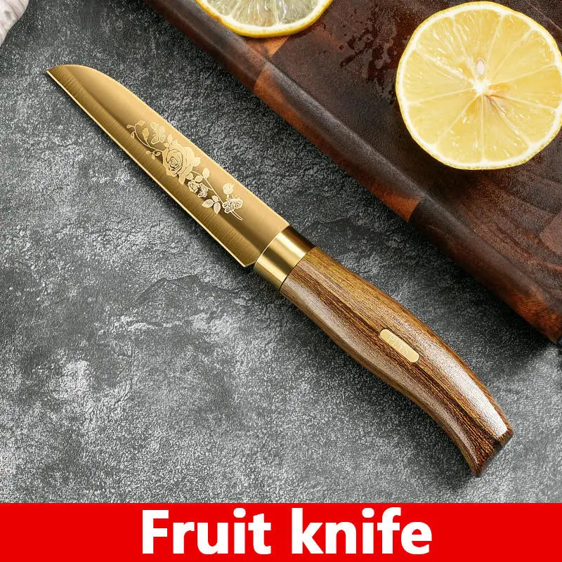 Luxury 4-Piece Chef Knife Set - Golden Rose Pattern Stainless Steel