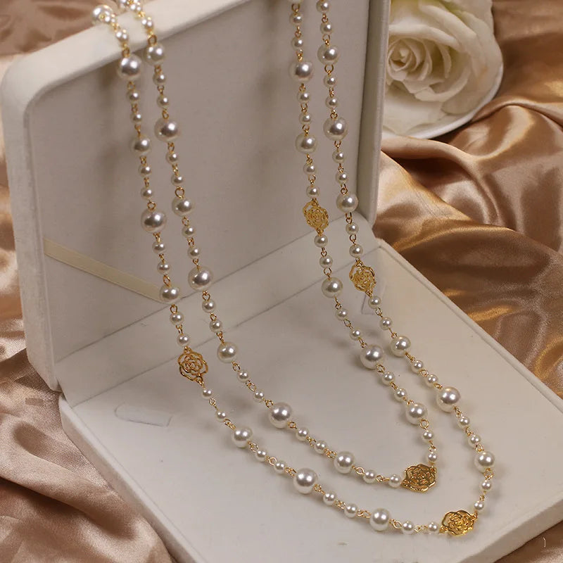 Elegant Long Pearl Necklace - Multilayer Camellia Flower Design