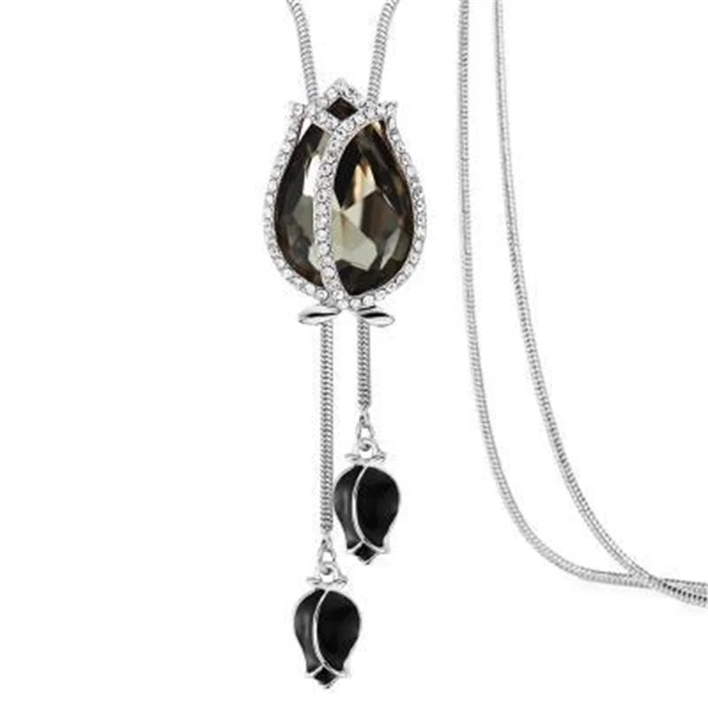 Luxury Crystal Flower Long Sweater Necklace - Elegant Pendant