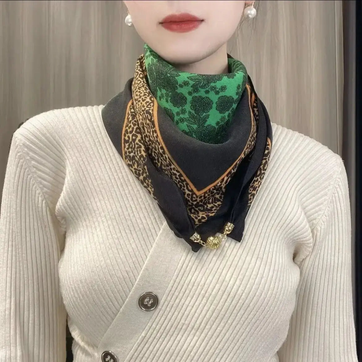 Luxury Silk Square Scarf - Magnetic Buckle & Print