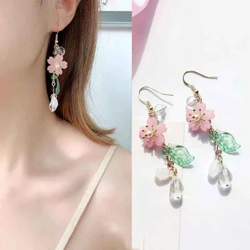 Elegant Pink Flower Tassel Drop Earrings - Long Floral Holiday Jewelry