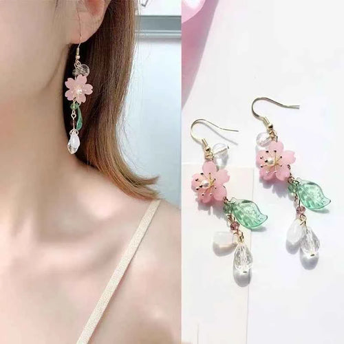 Elegant Pink Flower Tassel Drop Earrings - Long Floral Holiday Jewelry