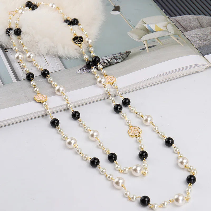 Elegant Long Pearl Necklace - Multilayer Camellia Flower Design