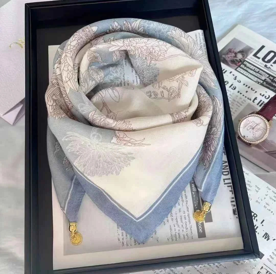Luxury Silk Square Scarf - Magnetic Buckle & Print