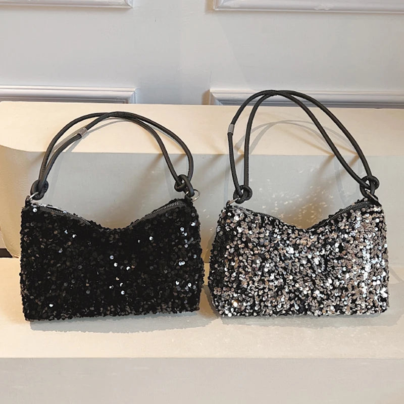 Elegant Sequin Shoulder Bag - Black/Silver Party & Evening