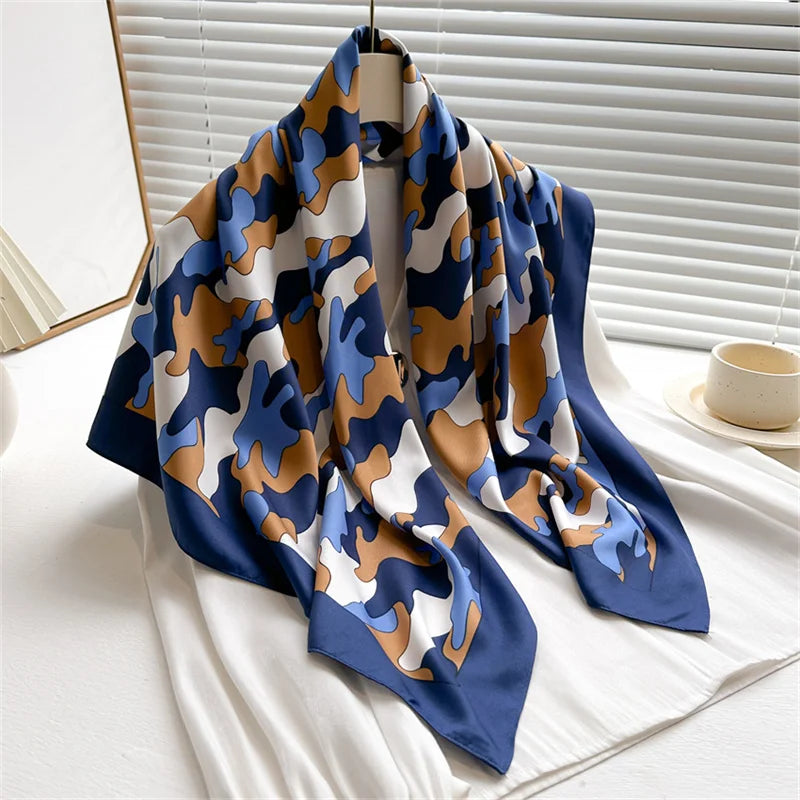 Luxury Square Silk Scarf - Elegant Tree Print Neck Shawl