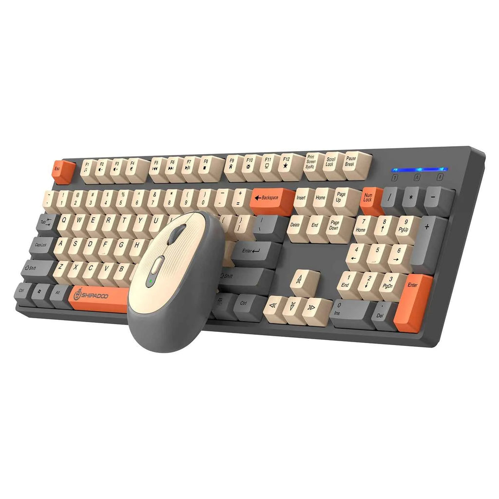 Wireless keyboard mouse combo - retro beige and gray keycaps with ergonomic mouse on desk