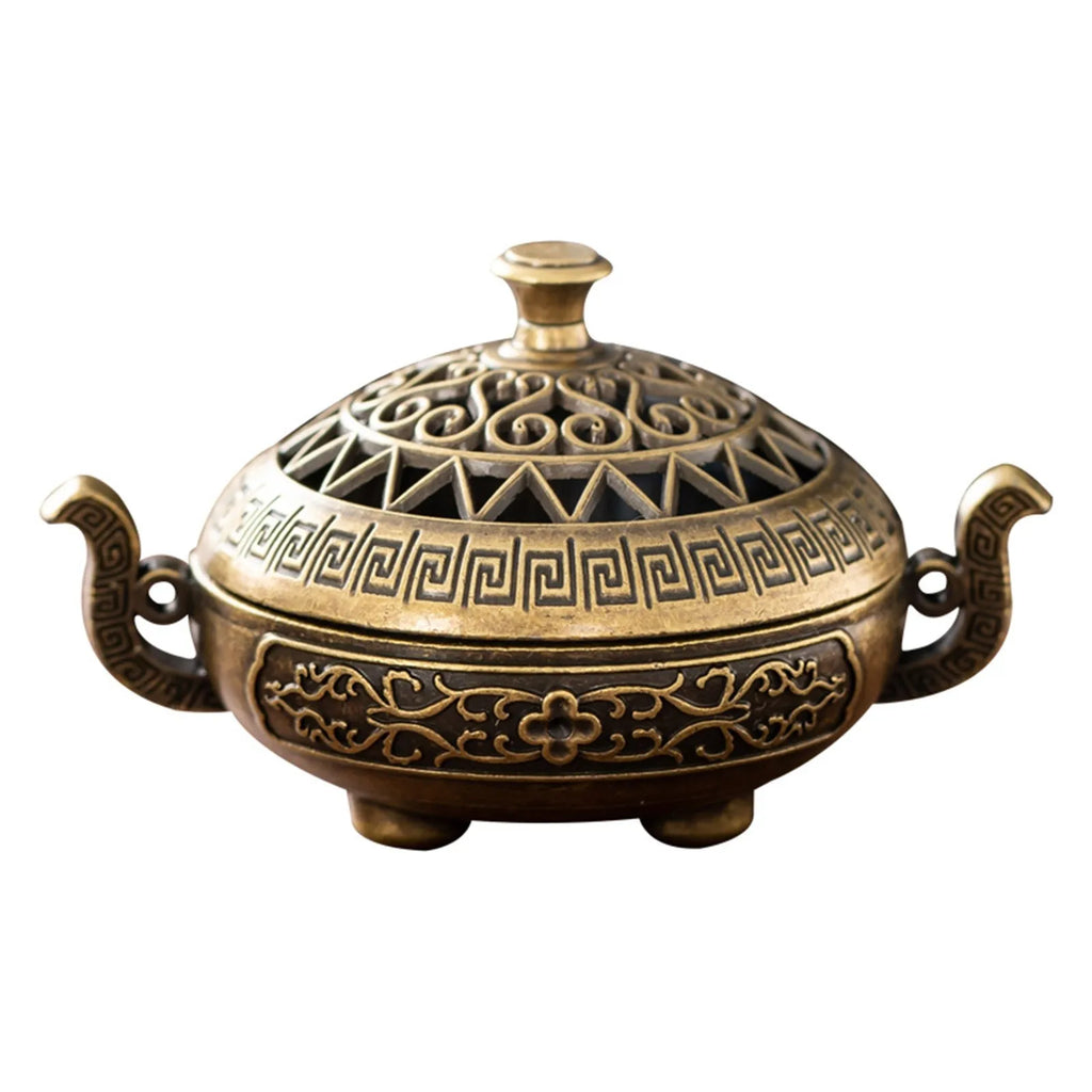 Elegant Copper Alloy Incense Burner - Hand-Carved Fretwork Design