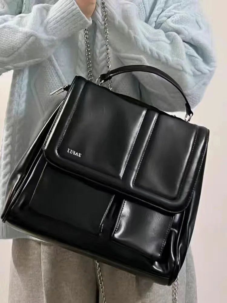 Elegant Black Leather Crossbody Bag - Large Capacity Vintage Style