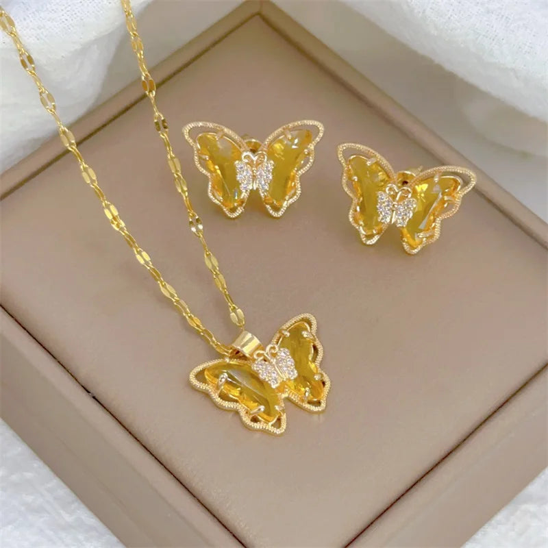 Elegant Butterfly Necklace Earrings Set - Light Luxury Jewelry