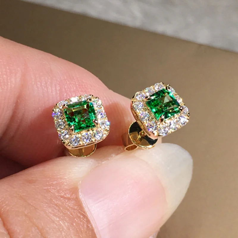 Luxury Green CZ Stud Earrings - Gold Elegant Bride Wedding Jewelry