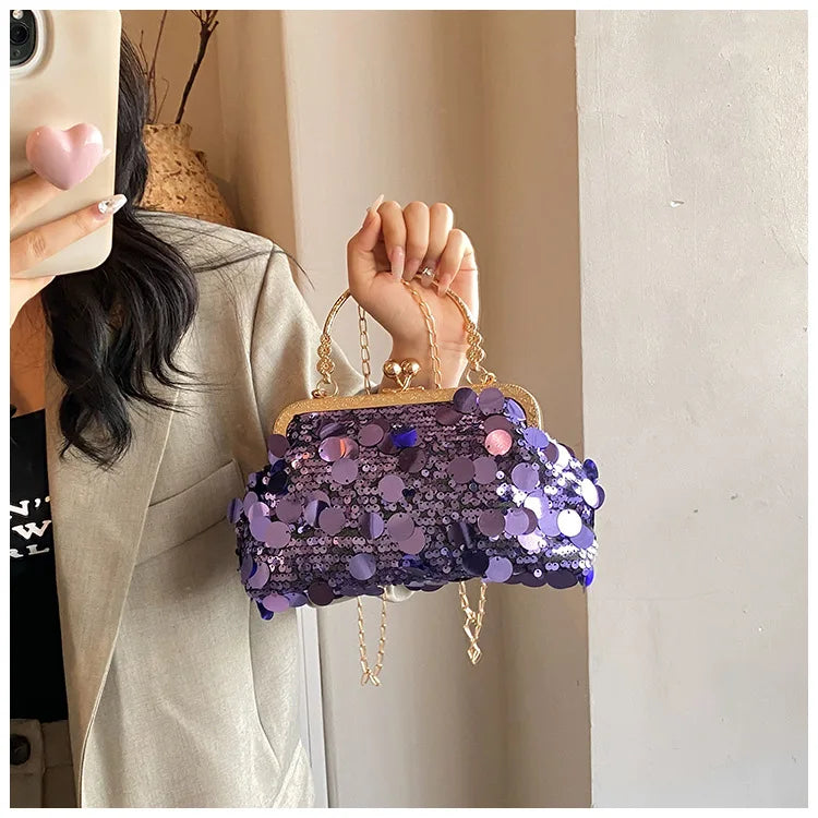 Elegant Sequins Evening Clutch Bag - Bling Chain Strap