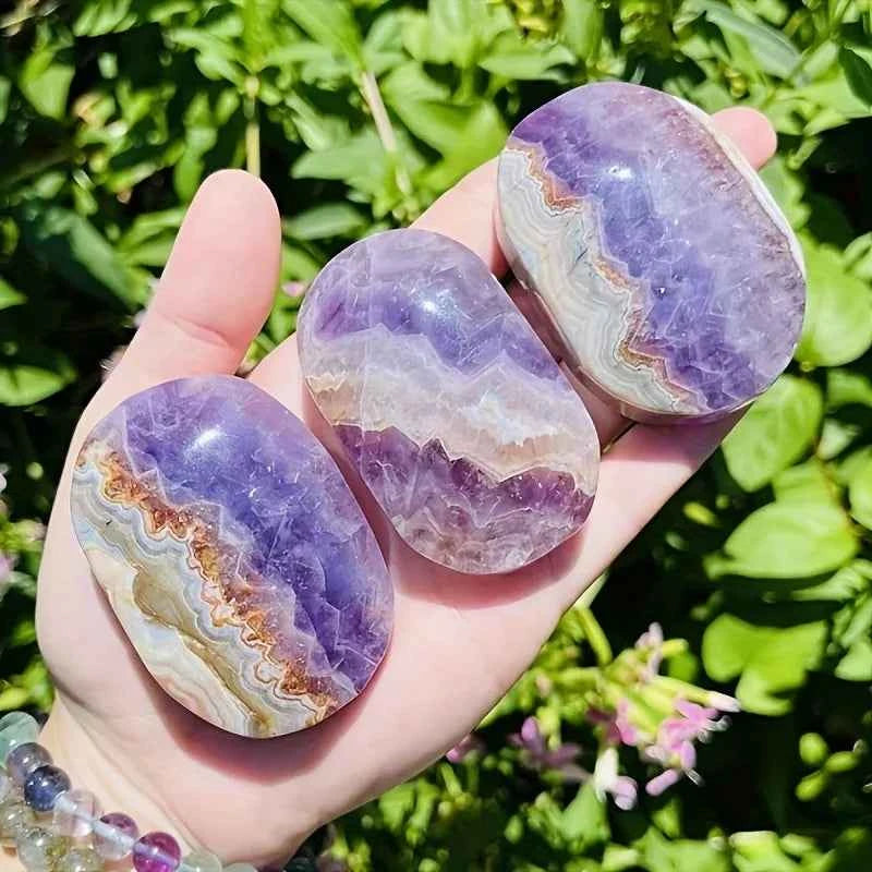 Amethyst lace agate palm stone - polished purple and white crystal for decoration and healing