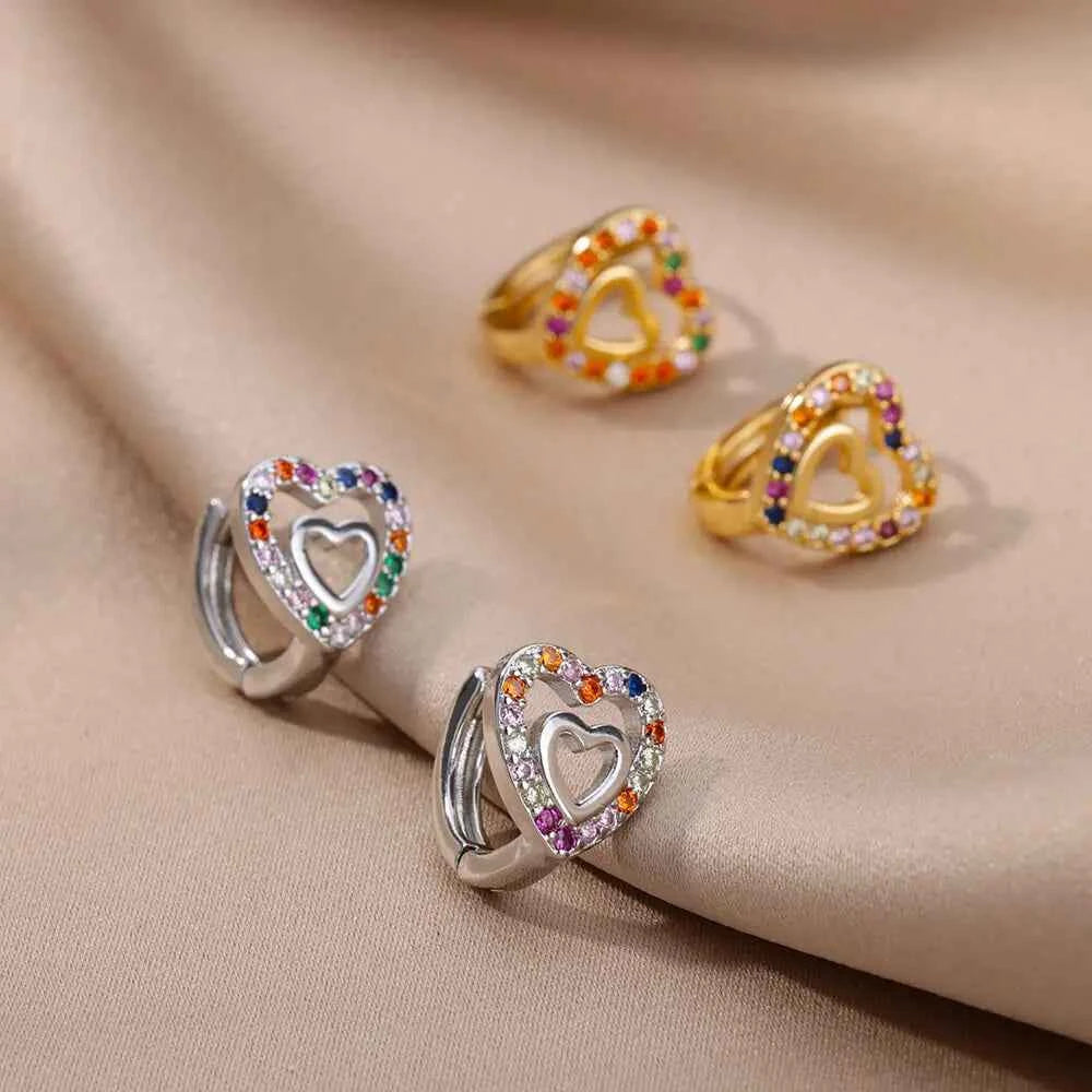 Elegant Gold Heart Earrings - Zircon Stainless Steel
