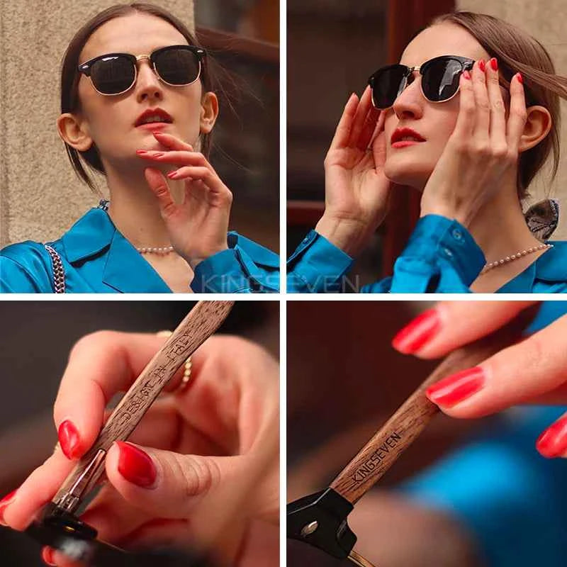 Premium Wooden Sunglasses - Polarized Semi-Rimless Retro Eyewear