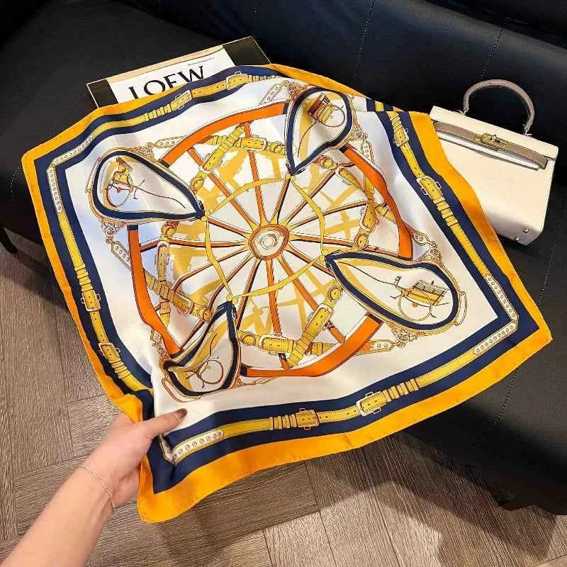 Luxury Chain Print Silk Square Scarf - Soft Satin Neckerchief