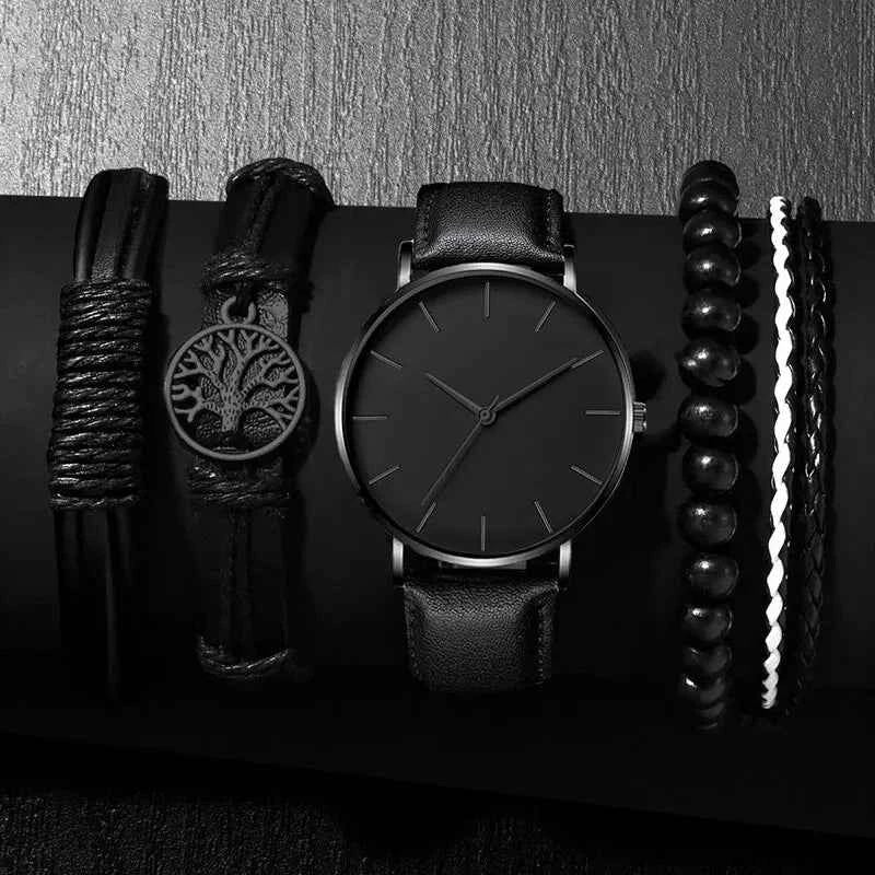 Luxury Mens Quartz Wristwatch Set with Leather Bracelet