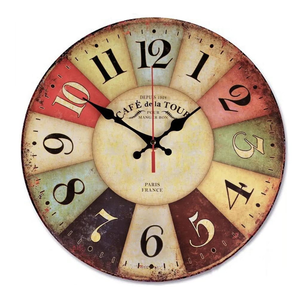 Retro Wooden Wall Clock - 12-inch silent farmhouse decor with large wood atomic analog design