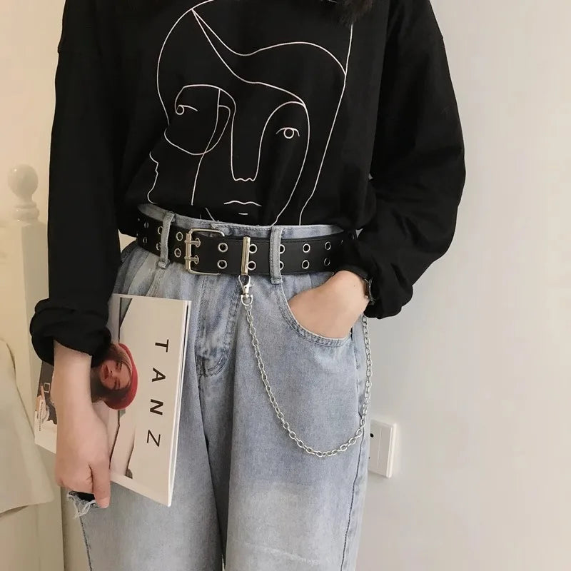 Luxury Women Leather Belt with Chain - Retro Punk Pin Buckle