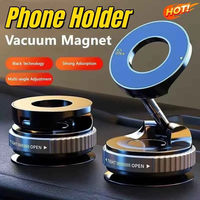 magnetic car phone holder - foldable 360° adjustable mount with vacuum suction in black