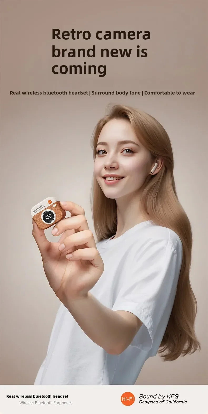 Retro Camera Wireless Sports Headphones - Sweatproof & Long Battery